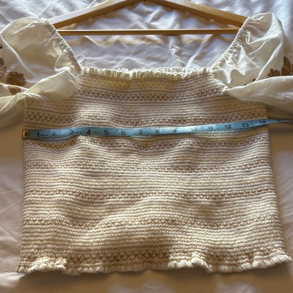 Anthropologie White Cropped Peasant Top with Tan Embroidered Sleeves - Picture 6 of 7